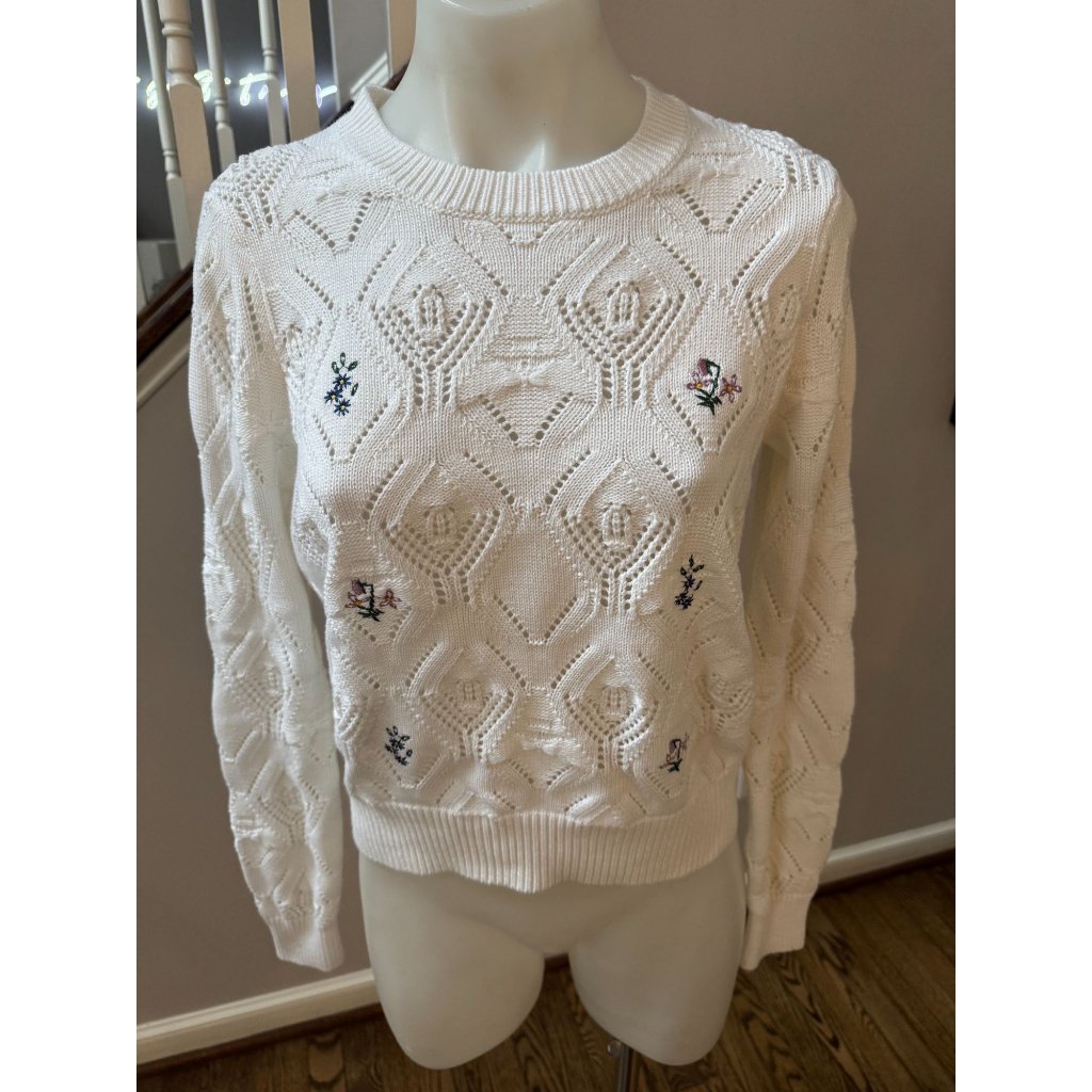 Autumn Cashmere Cotton Pointelle Floral Embroidered Knit Sweater White Xs